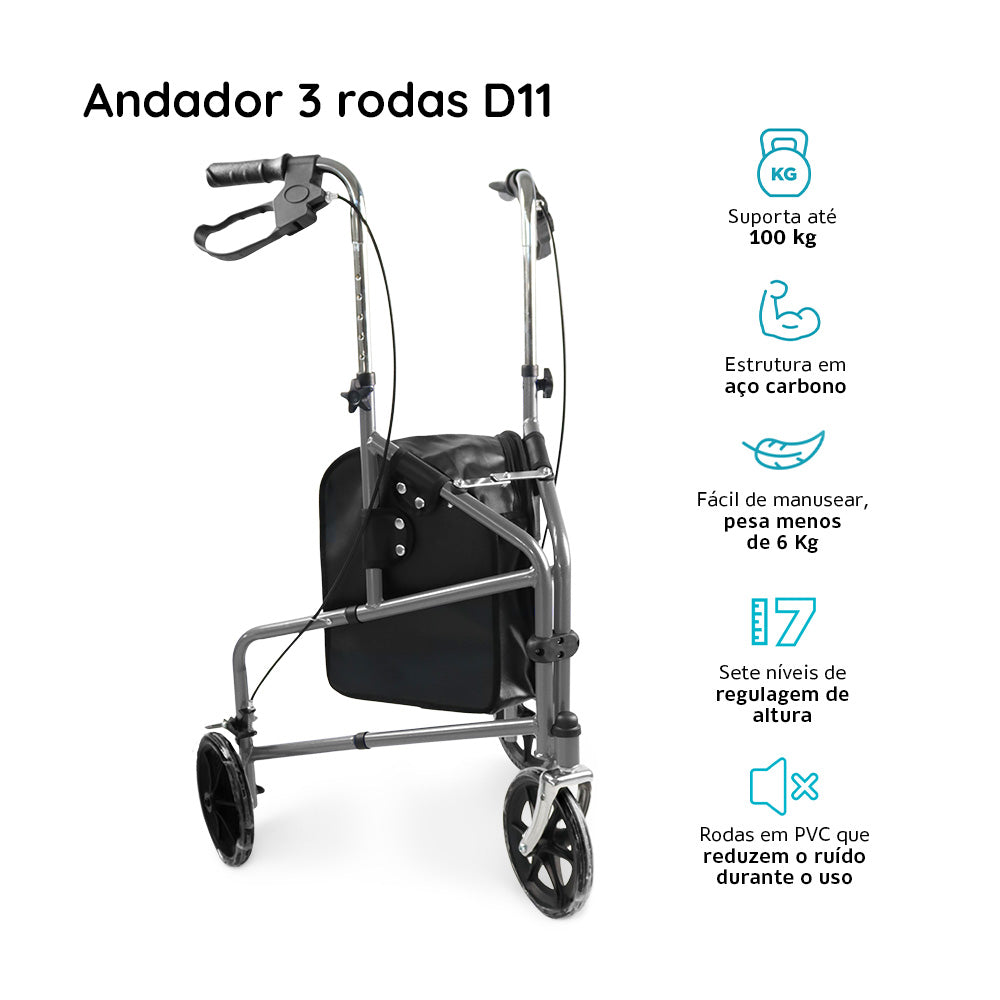 Andador Dobrável 3 Rodas Dellamed D11 até 100kg